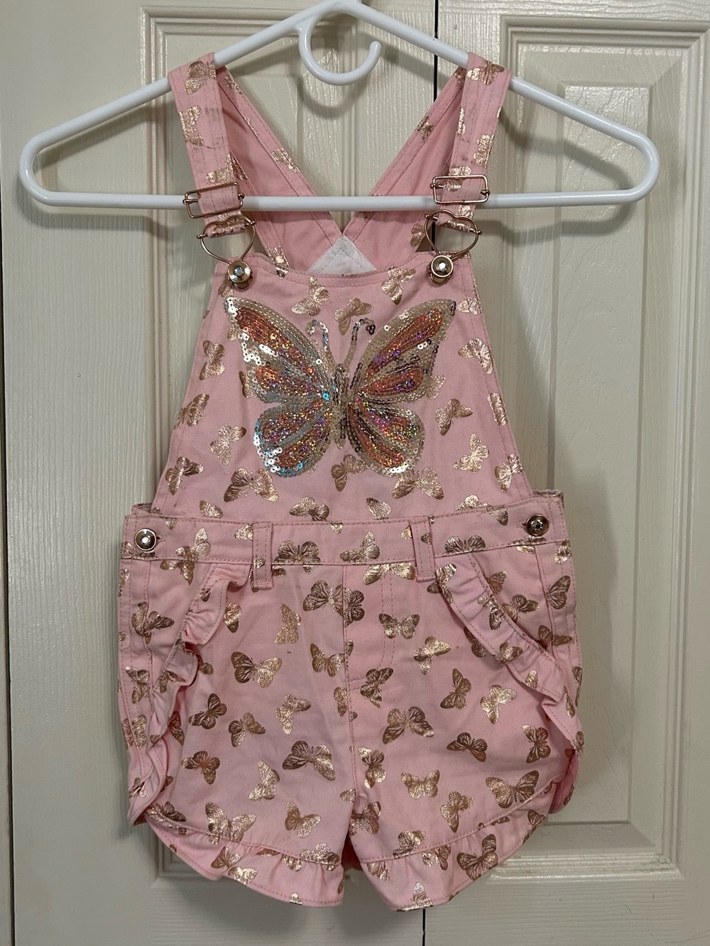 Kidgets Pink Short Overalls with Sequin Butterfly